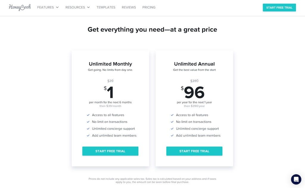 HoneyBook pricing