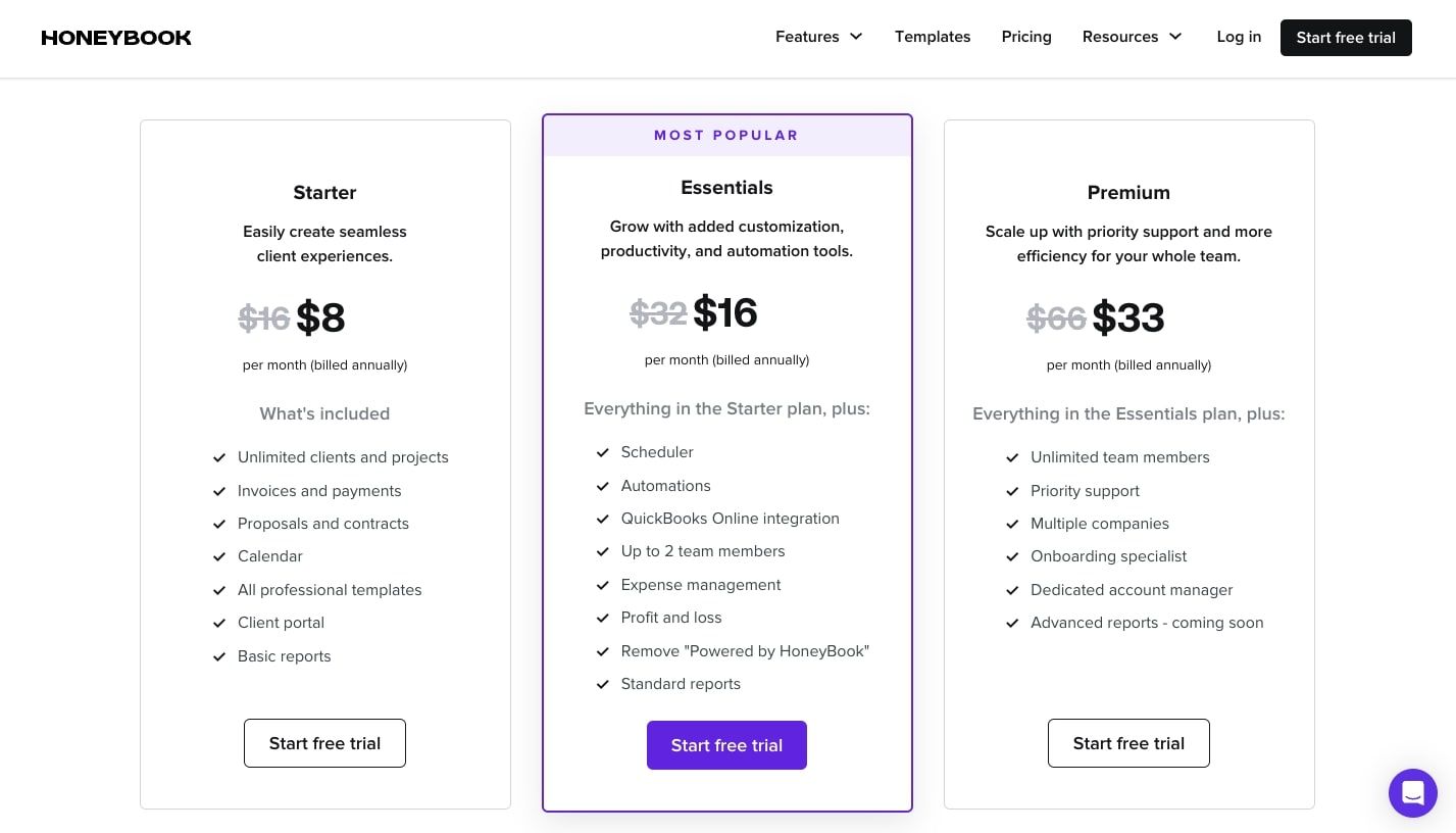 HoneyBook pricing