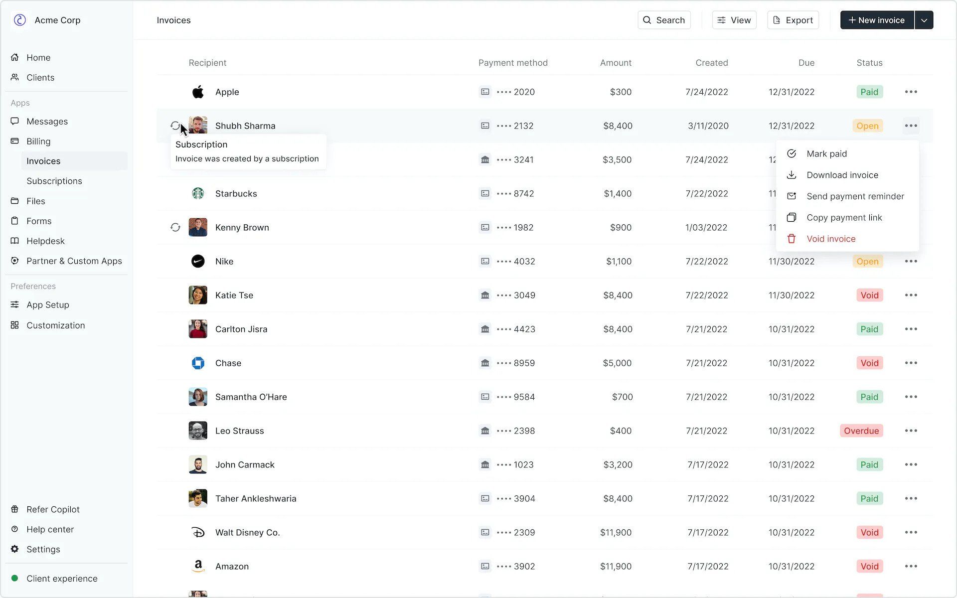 Invoice history