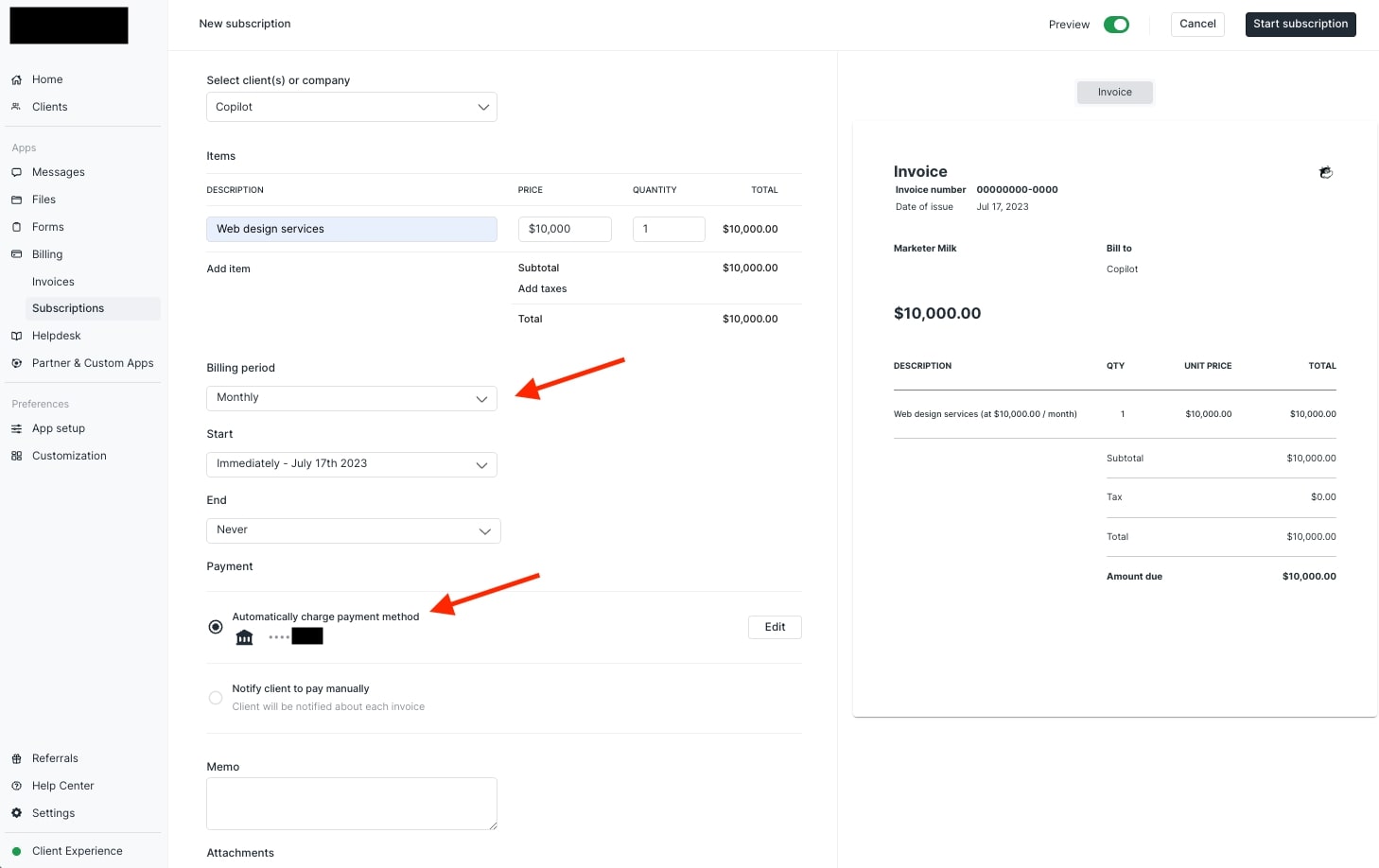 Automatic subscription invoice