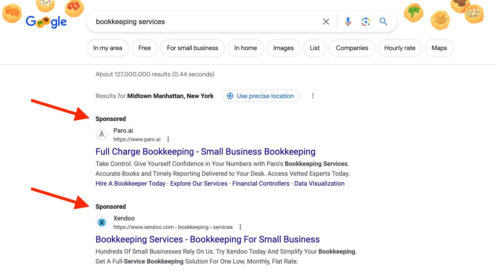 Google PPC ads for the keyword "bookkeeping services"