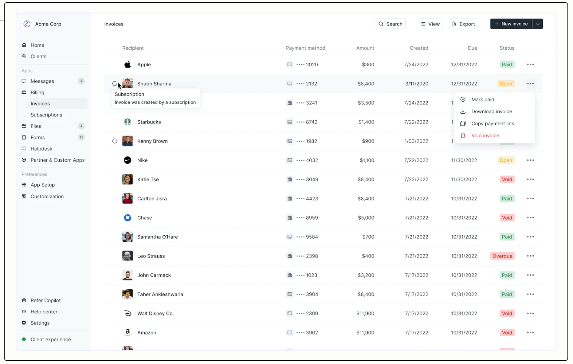 billing payments invoices subscription management