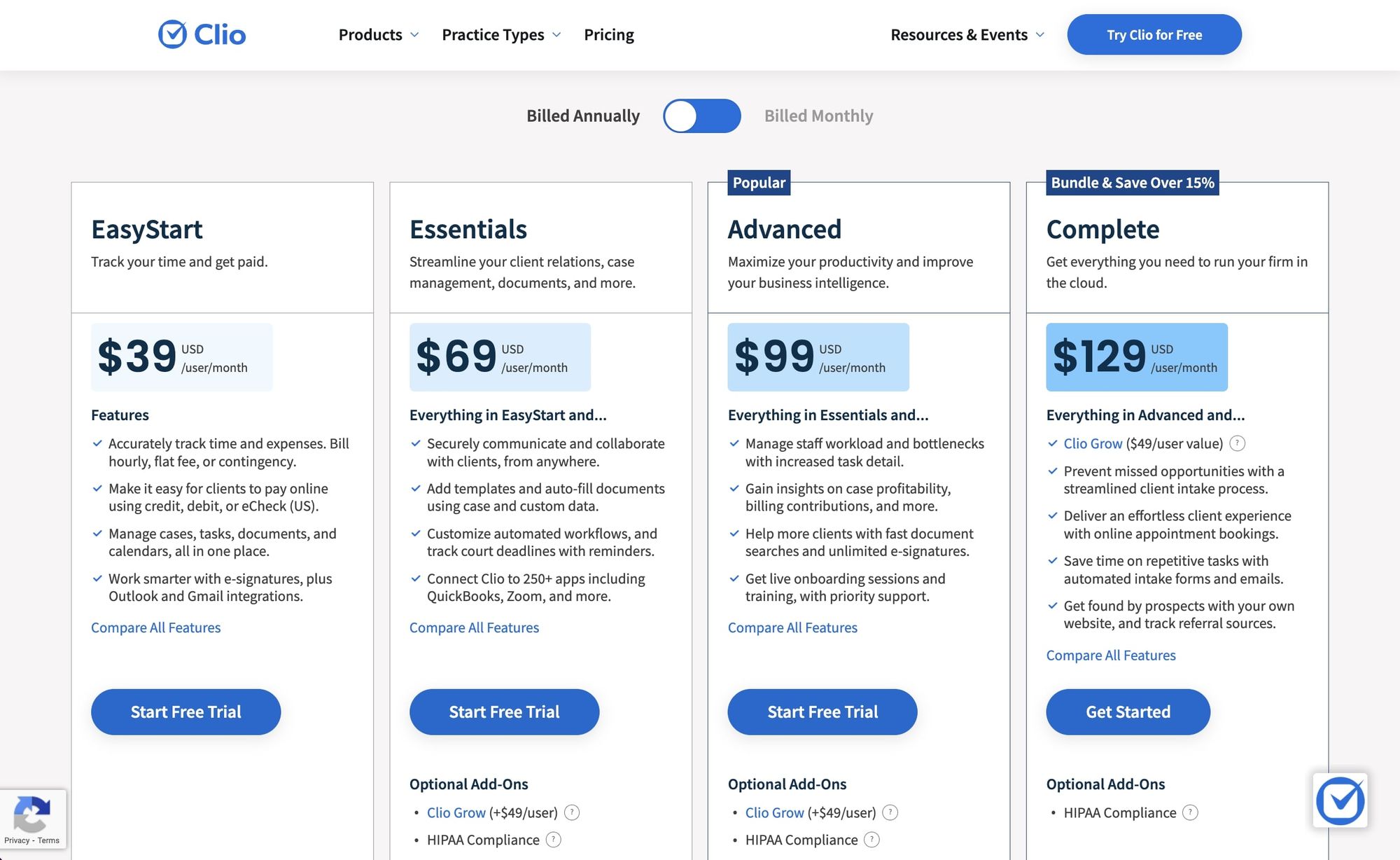 Clio pricing plans