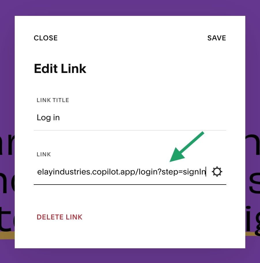 Adding Copilot log in link in Squarespace
