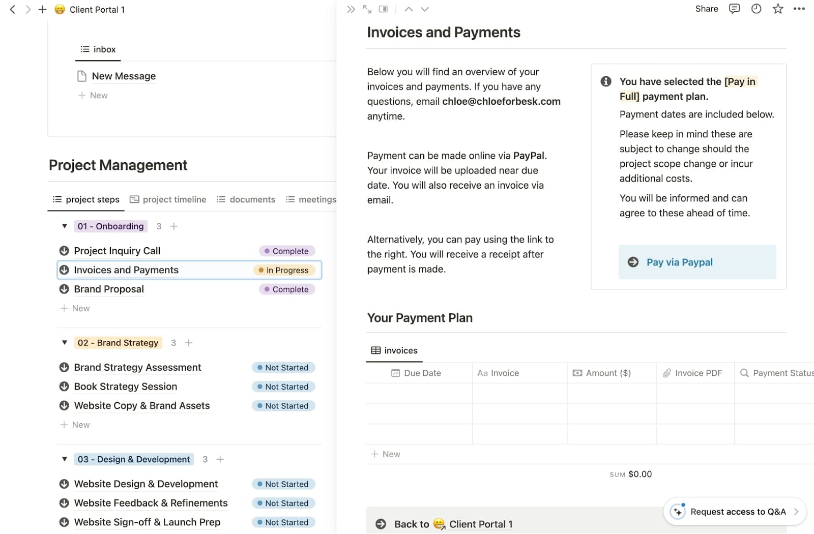 Invoices in client portal