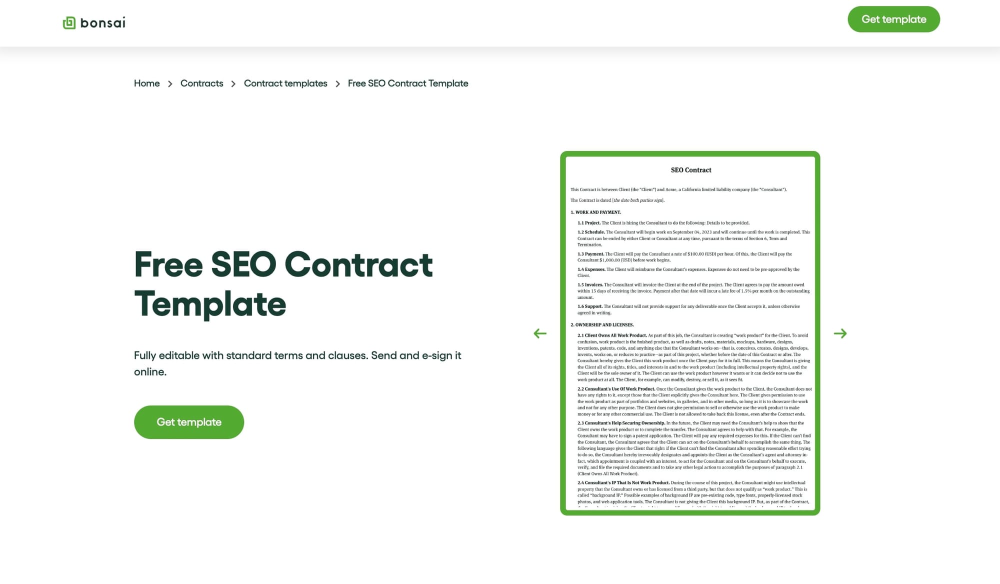 Free SEO contract template from Bonsai