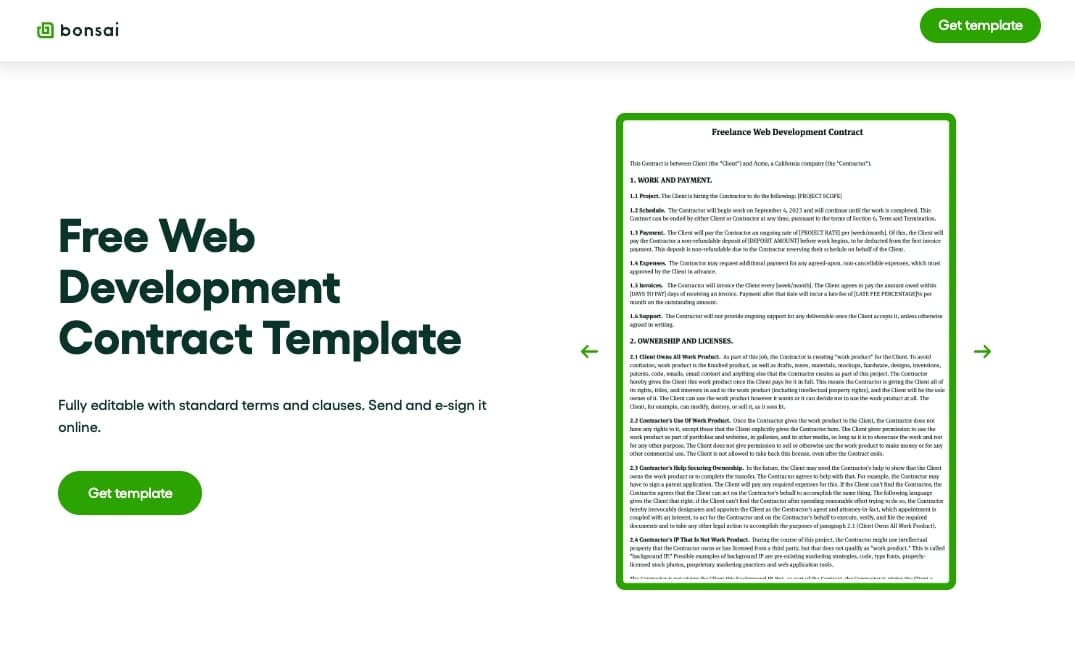 Freelance web development contract template from Bonsai