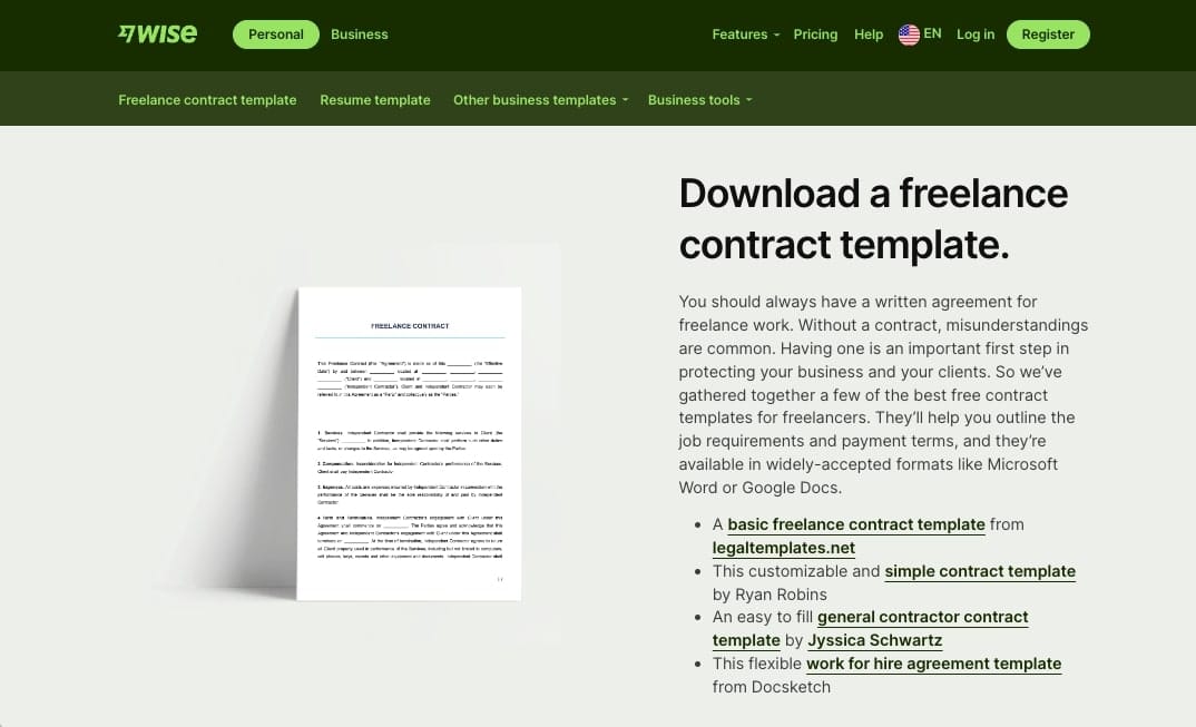 General freelance contract template from Wise