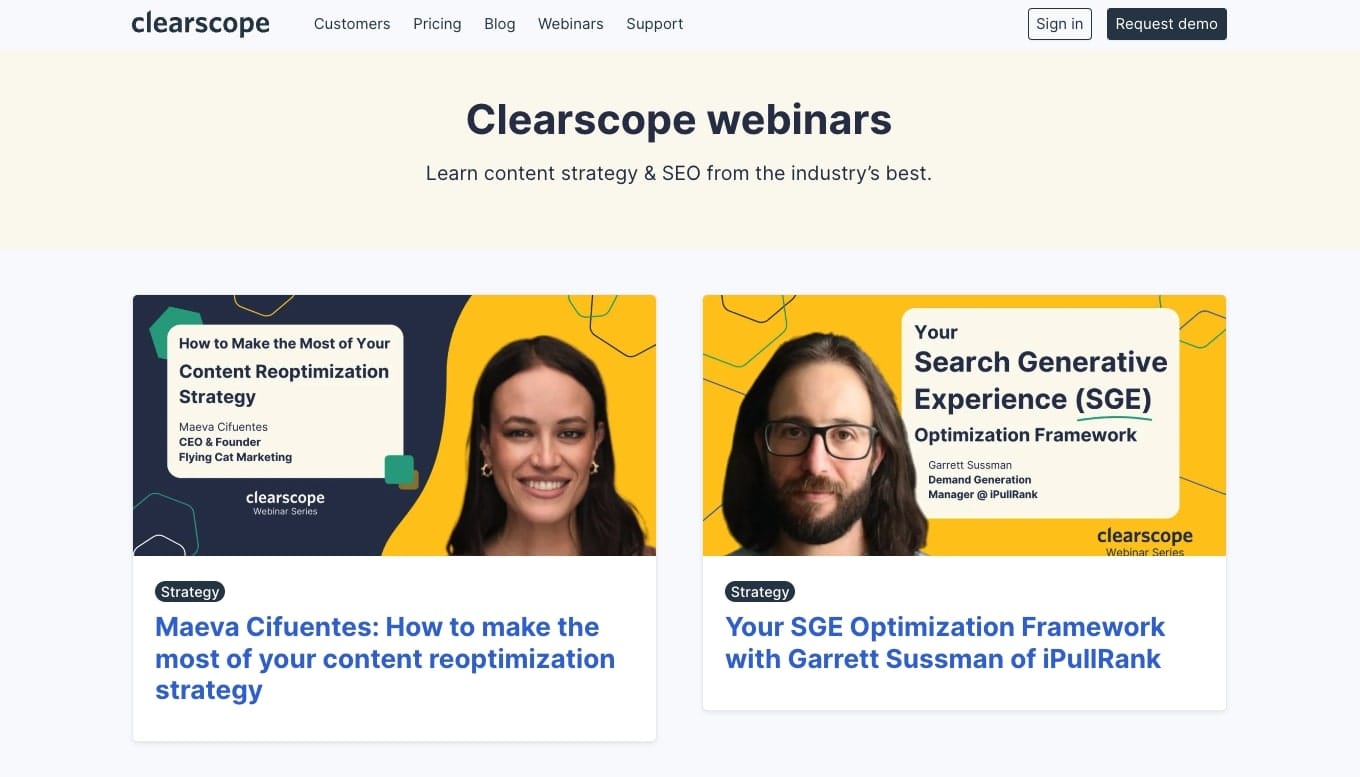 Clearscope's gated webinars