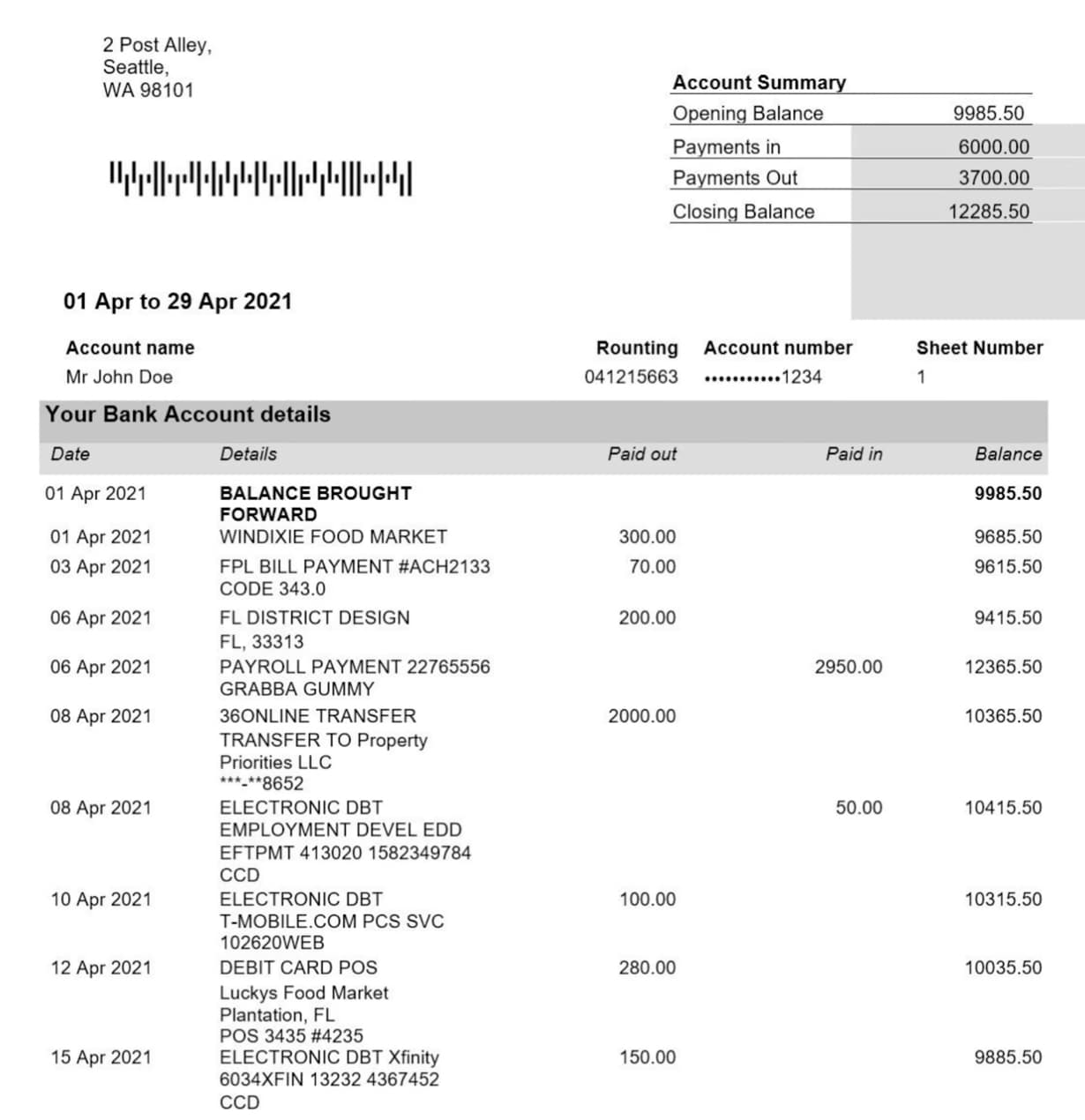 Bank statement example