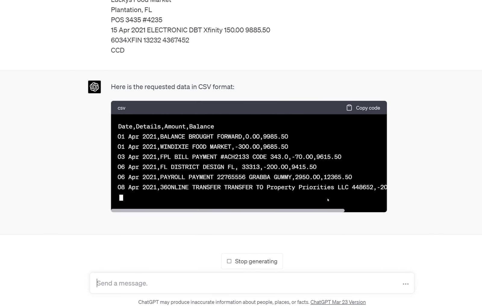 Text is CSV format in ChatGPT