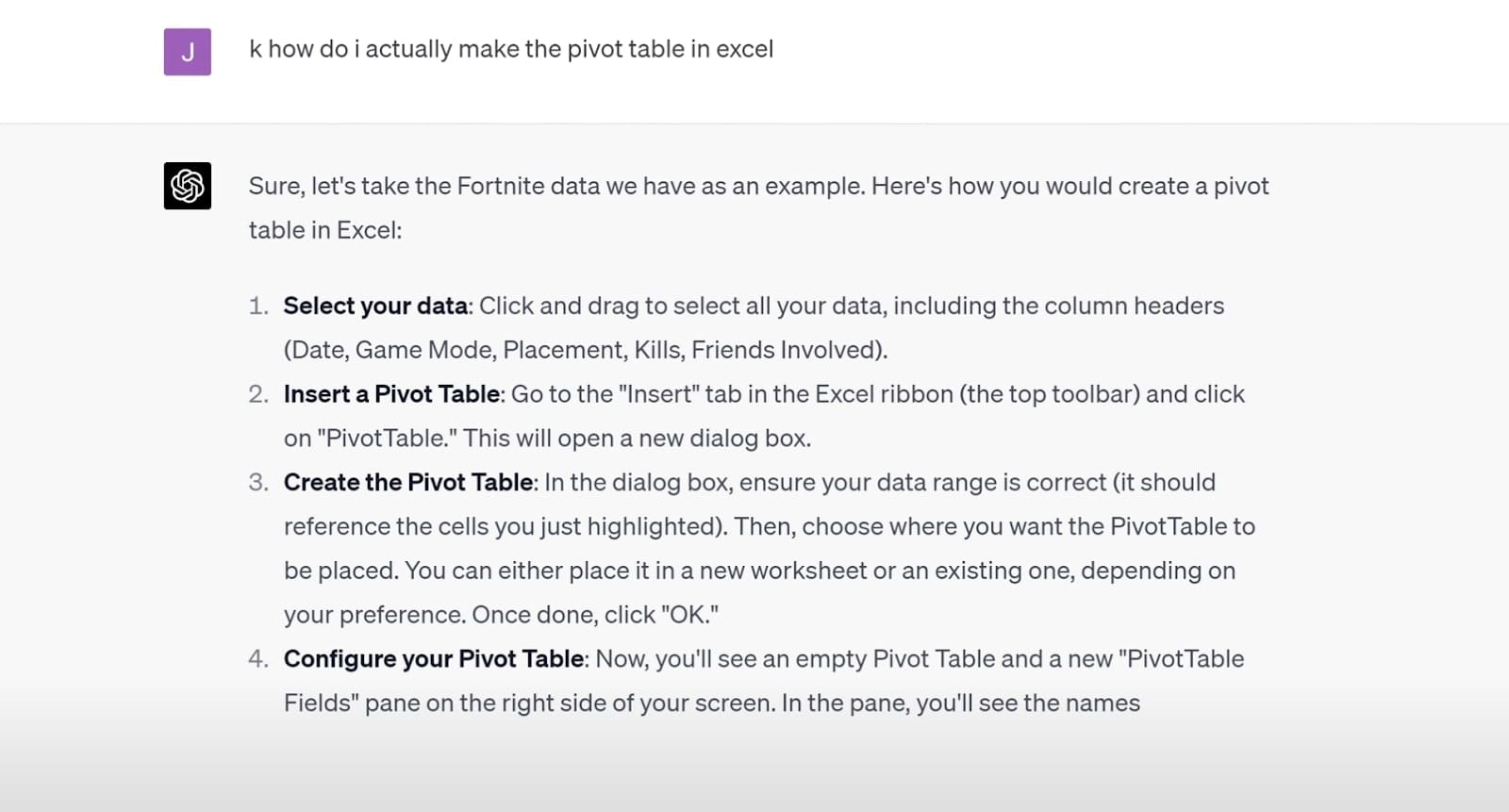 Creating a pivot table in chatgpt