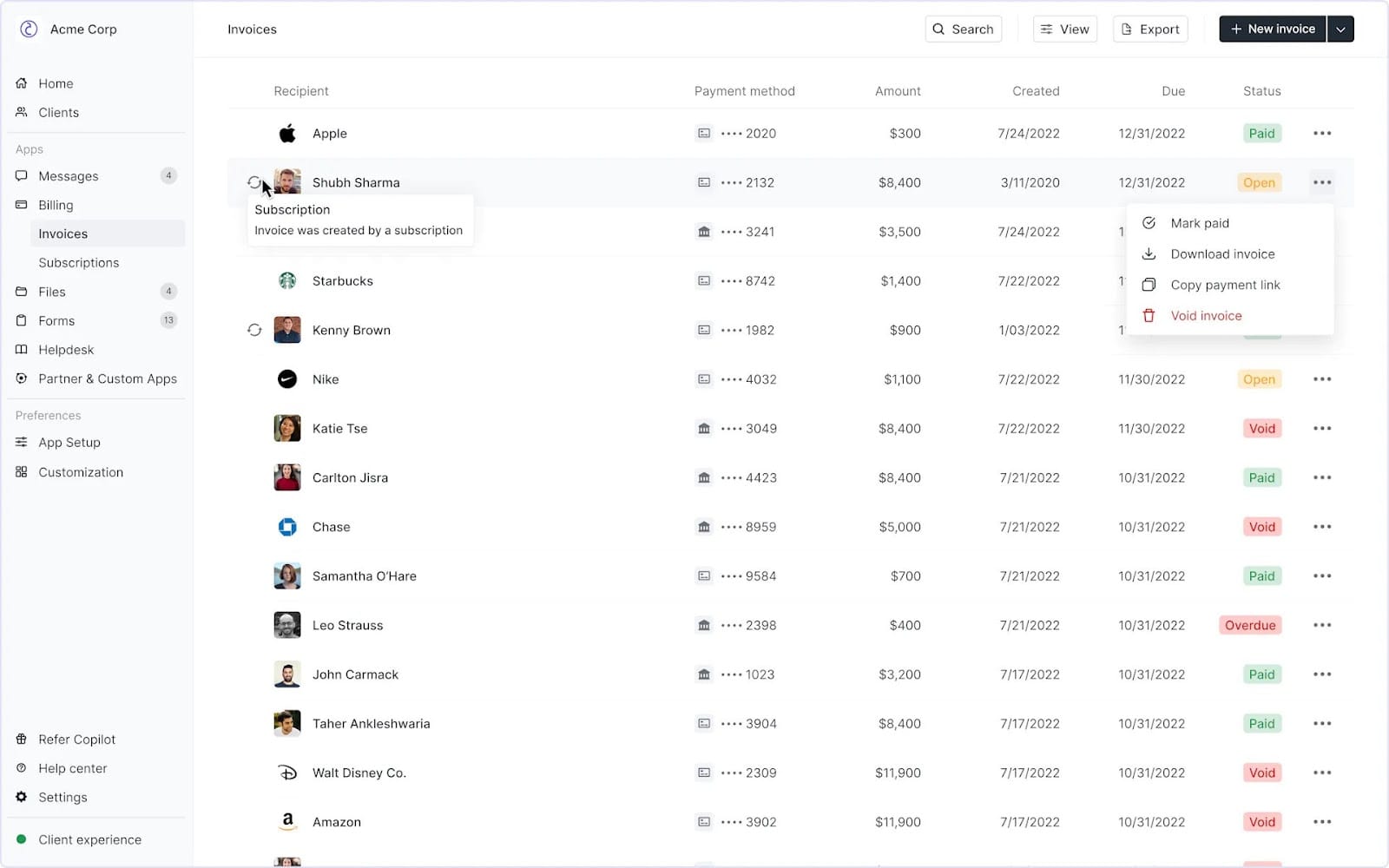 Tracking invoices in Copilot