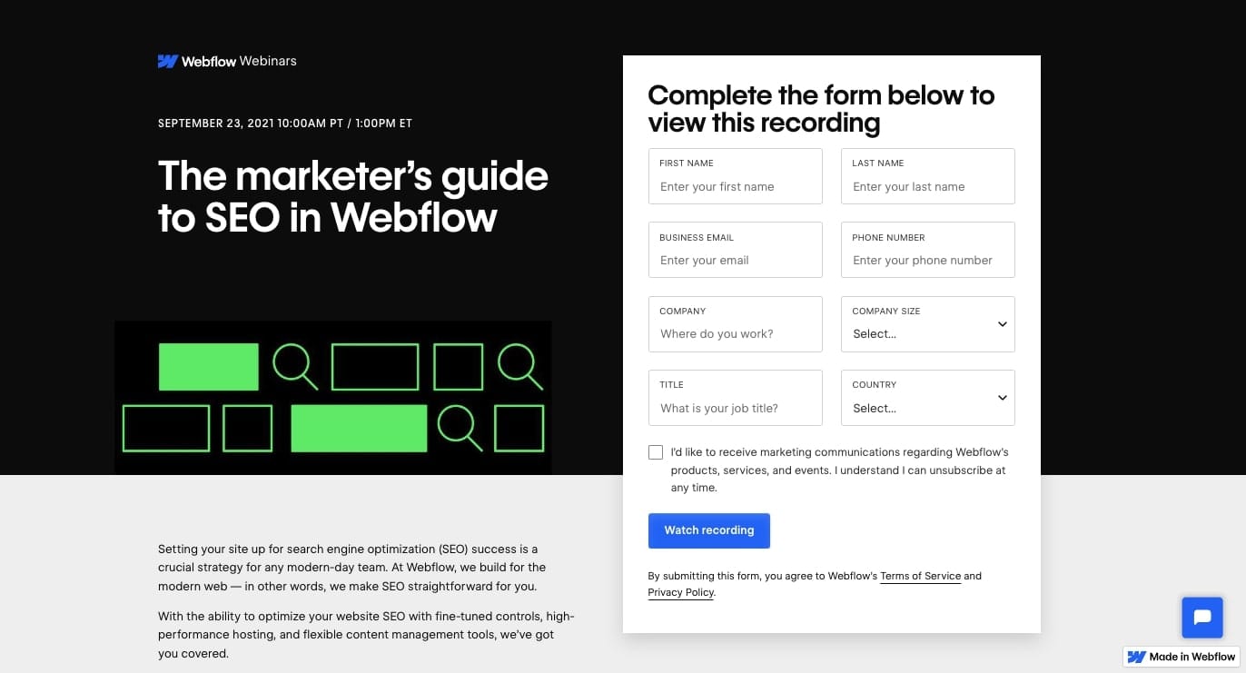 Webflow's gated webinars for lead generation