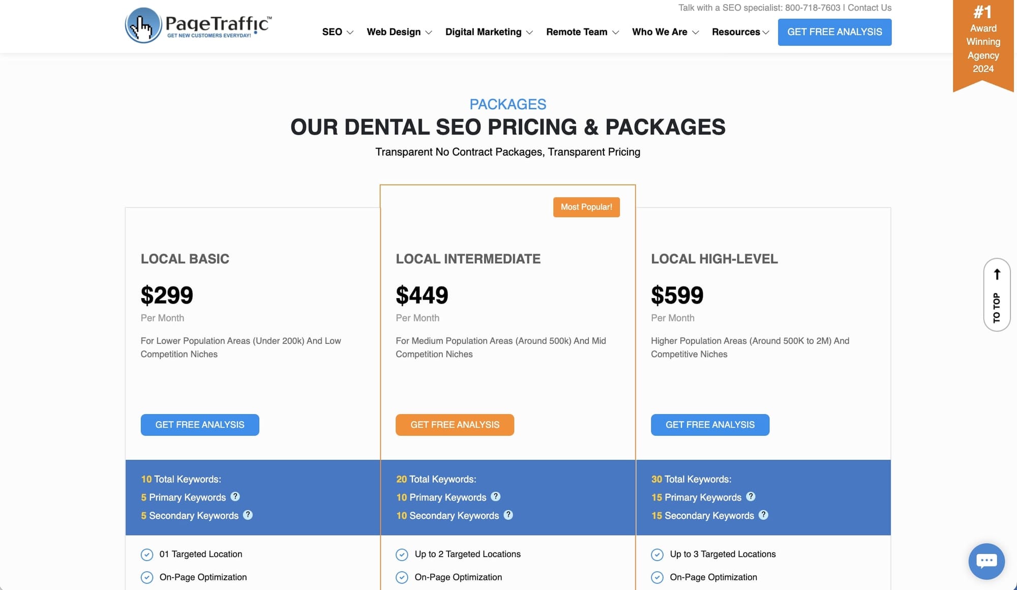 PageTraffic dental SEO service packages