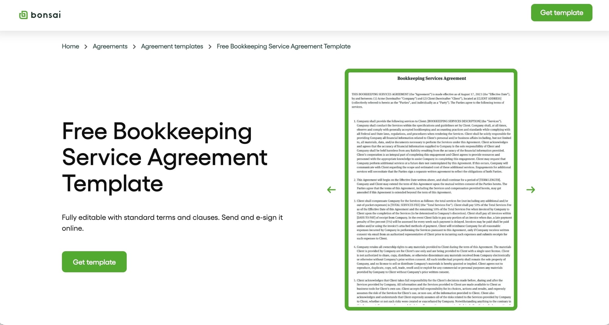 Bonsai bookkeeping contract template