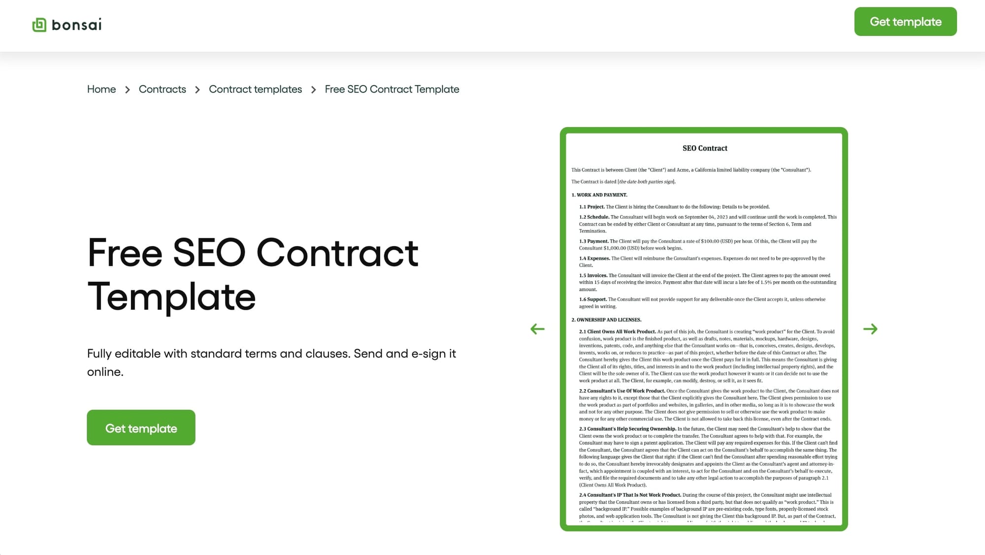 Bonsai SEO contract template