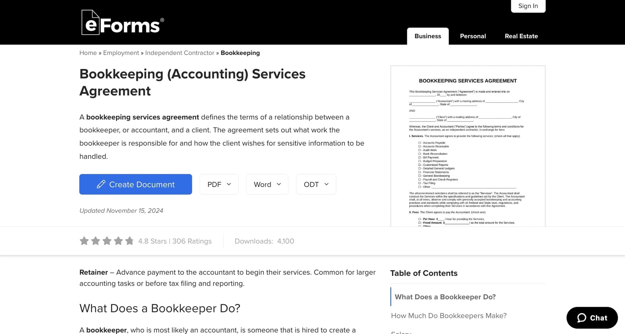 eForms bookkeeping contract template