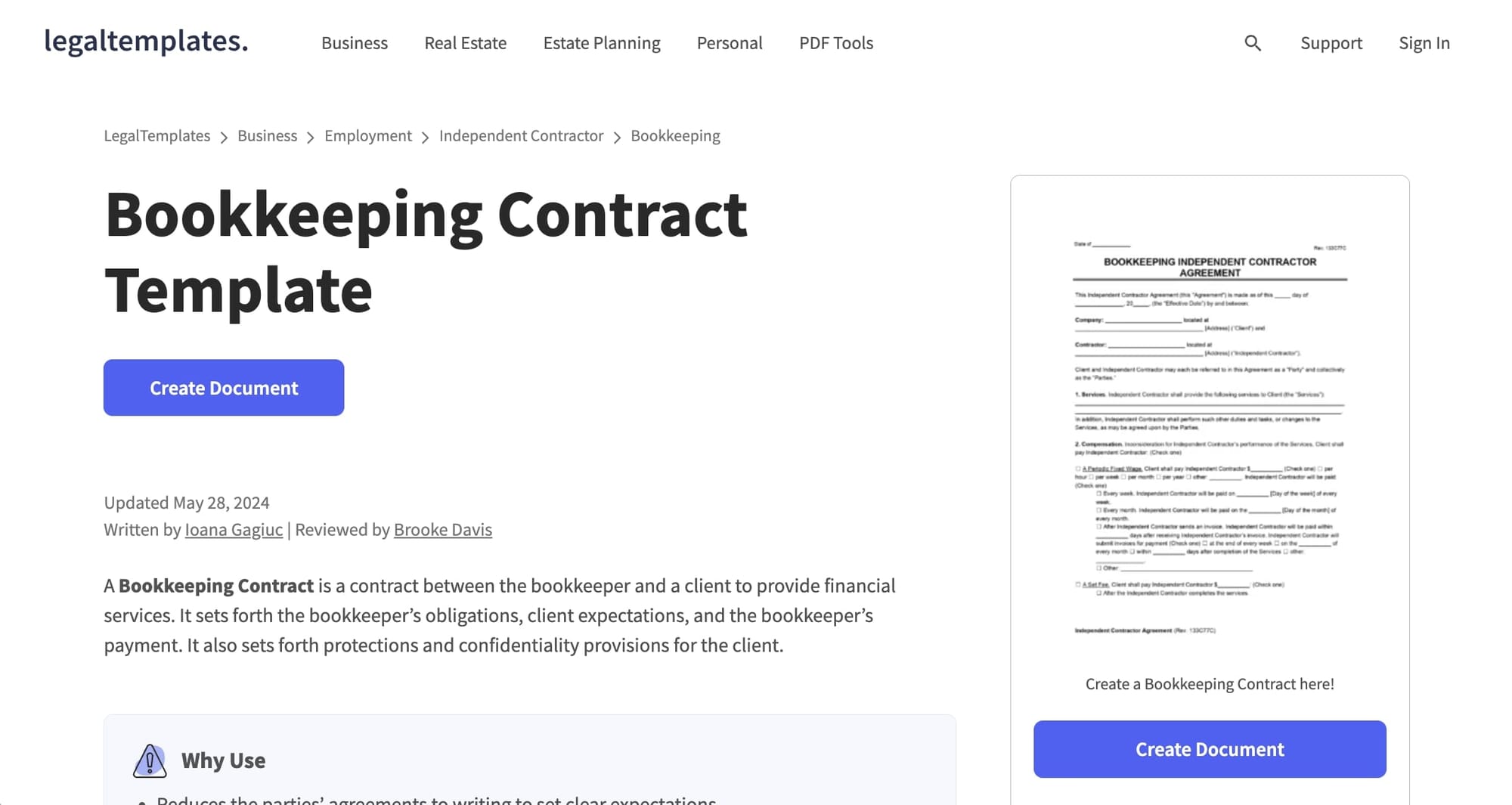 Legal Template's bookkeeping contract template