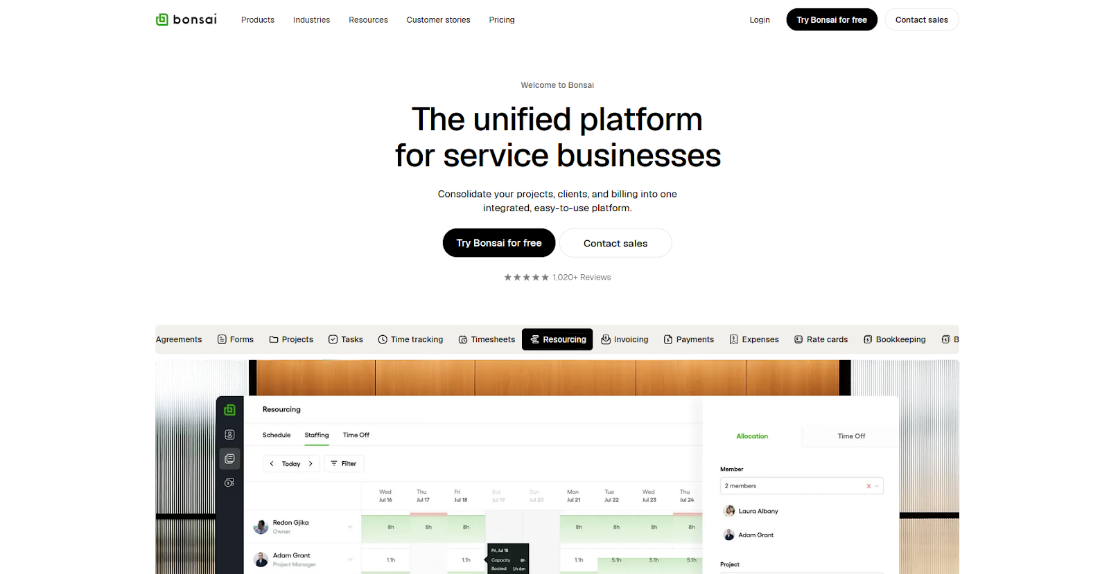 Bonsai homepage showing "The unified platform for service businesses" with tagline 