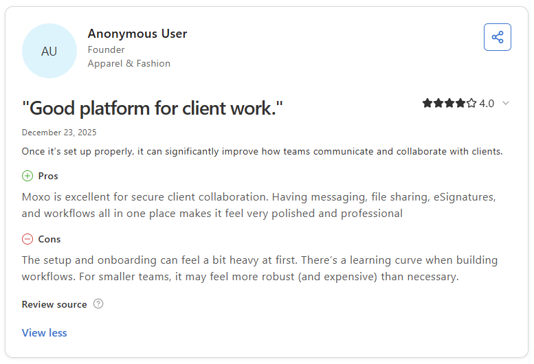 Capterra review from Anonymous User, Founder in Apparel & Fashion, rating Moxo 4 stars with title "Good platform for client work."