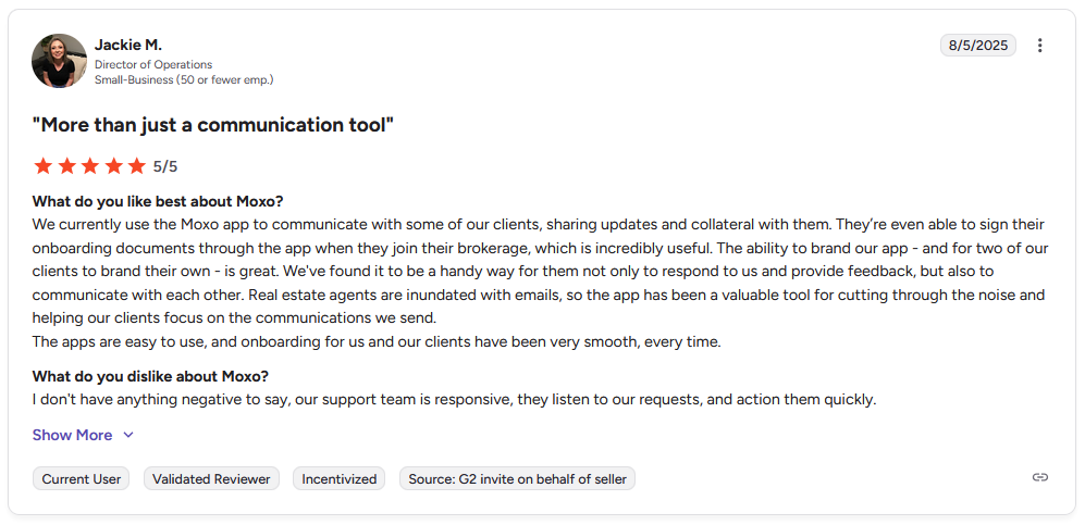 G2 review from Jackie M., Director of Operations in small business, rating Moxo 5 stars with title "More than just a communication tool"