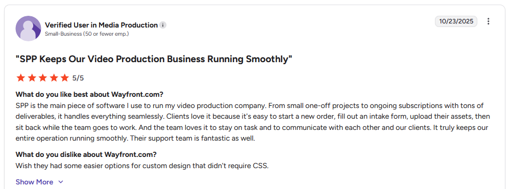 G2 review from verified user in media production giving Wayfront 5 out of 5 stars, noting wish for easier custom design options