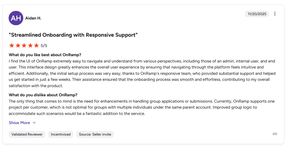 G2 review from Aidan H. rating OnRamp 5 stars with title "Streamlined Onboarding with Responsive Support"