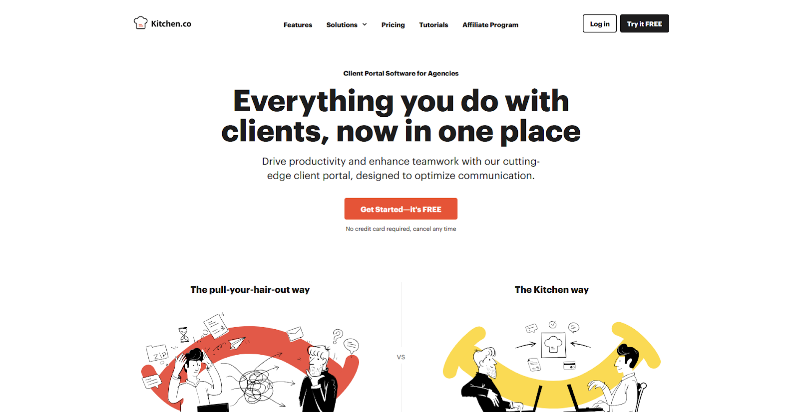 Kitchen.co homepage showing "Everything you do with clients, now in one place" with comparison illustrations of chaotic vs organized client work