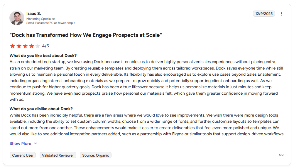 G2 review from Isaac S., Marketing Specialist in small business, rating Dock 4 stars with title "Dock has Transformed How We Engage Prospects at Scale"