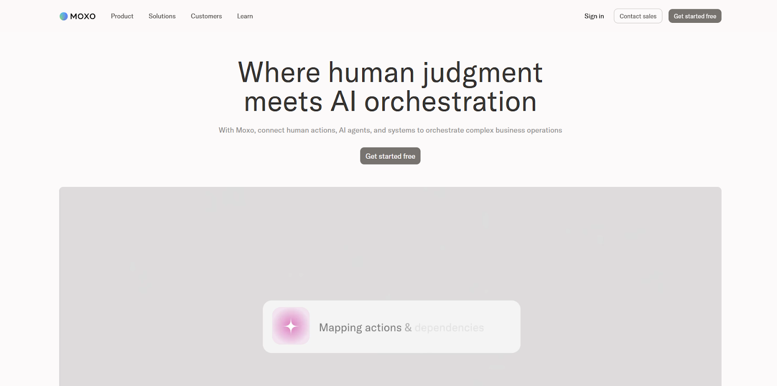 Moxo homepage showing "Where human judgment meets AI orchestration" with tagline 
