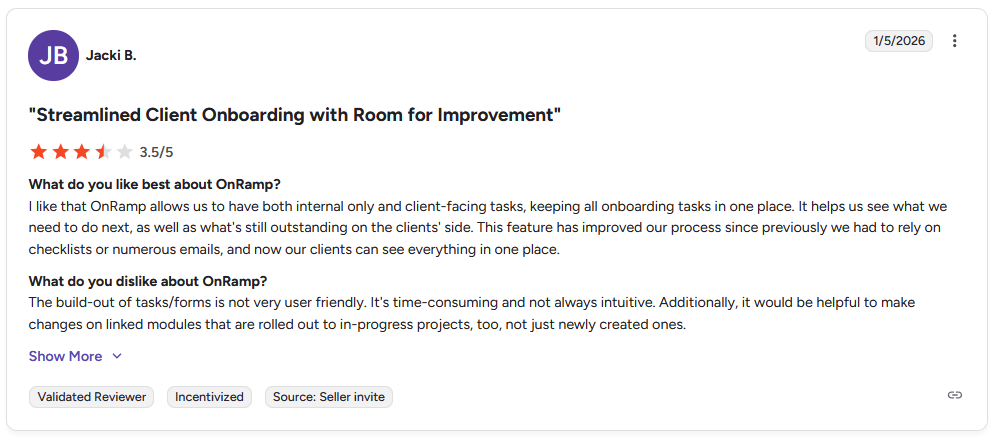 G2 review from Jacki B. rating OnRamp 3.5 stars with title "Streamlined Client Onboarding with Room for Improvement"