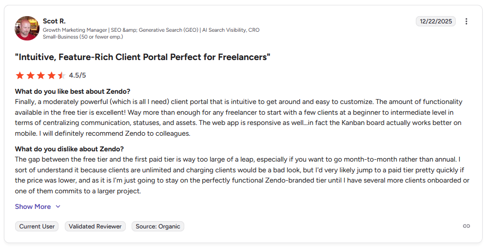 G2 review from Scot R., Growth Marketing Manager, giving Zendo 4.5 out of 5 stars, praising the free tier functionality and intuitive interface