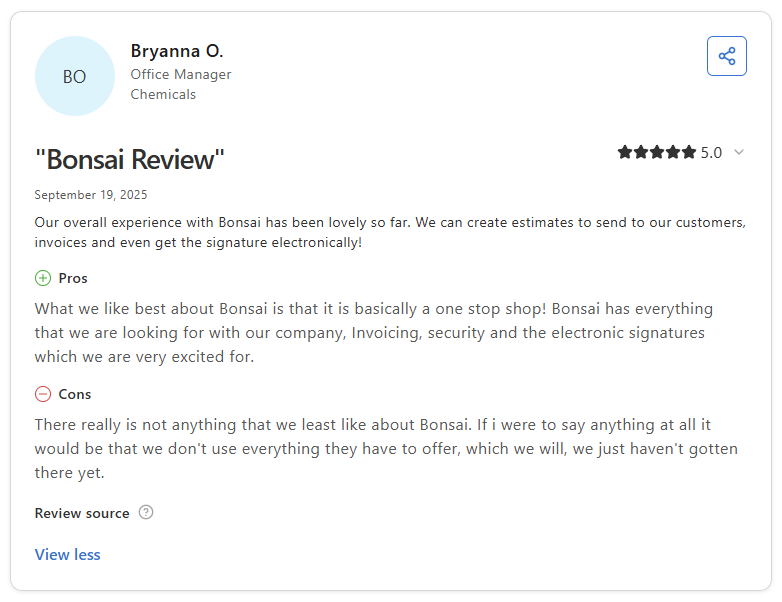Capterra review from Bryanna O., Office Manager in Chemicals, rating Bonsai 5 stars with title "Bonsai Review"
