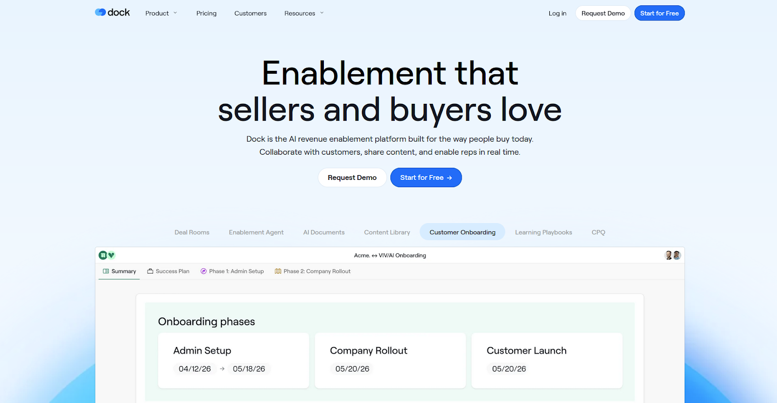 Dock customer onboarding workspace showing three onboarding phases: Admin Setup, Company Rollout, and Customer Launch with dates