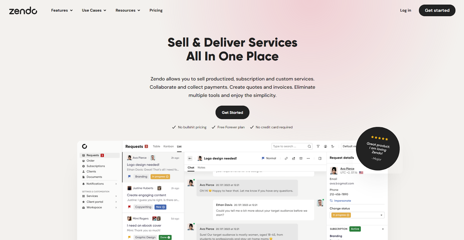 Zendo dashboard showing request management interface with client chat, project status tracking, and service catalog navigation
