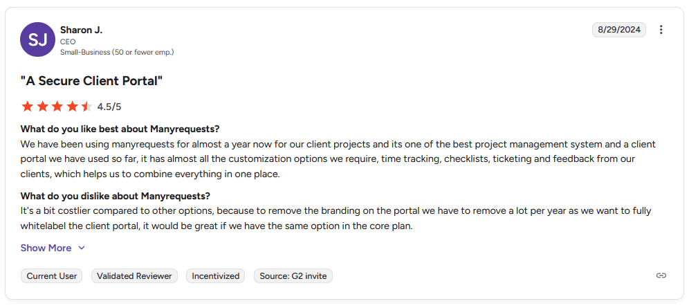 G2 review from Sharon J., CEO of small business, giving ManyRequests 4.5 out of 5 stars, praising project management and client portal customization