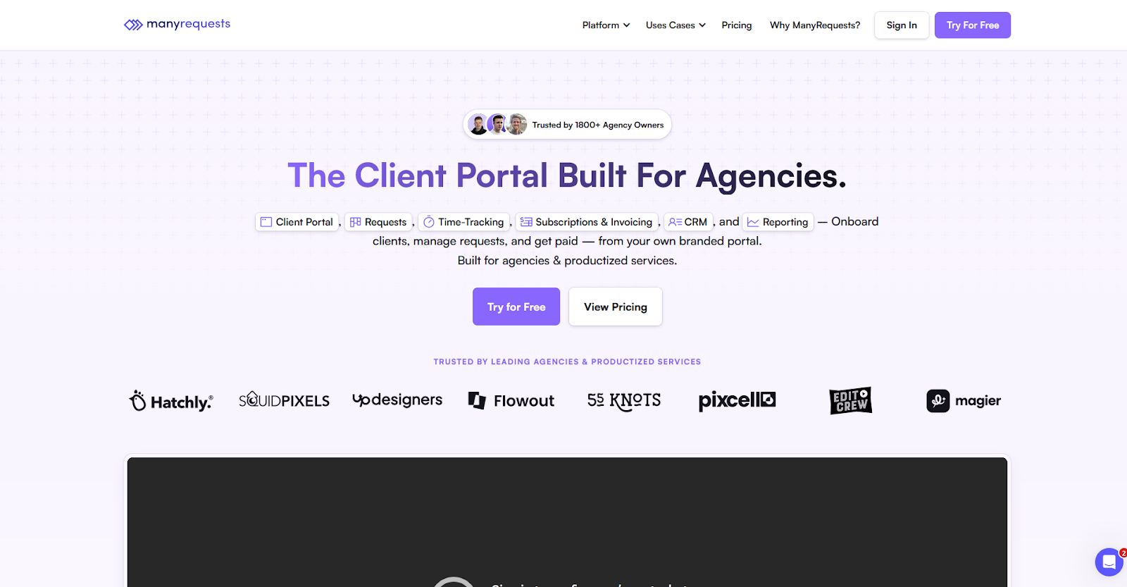 ManyRequests homepage showing client portal built for agencies with request management, time tracking, subscriptions, invoicing, CRM, and reporting features