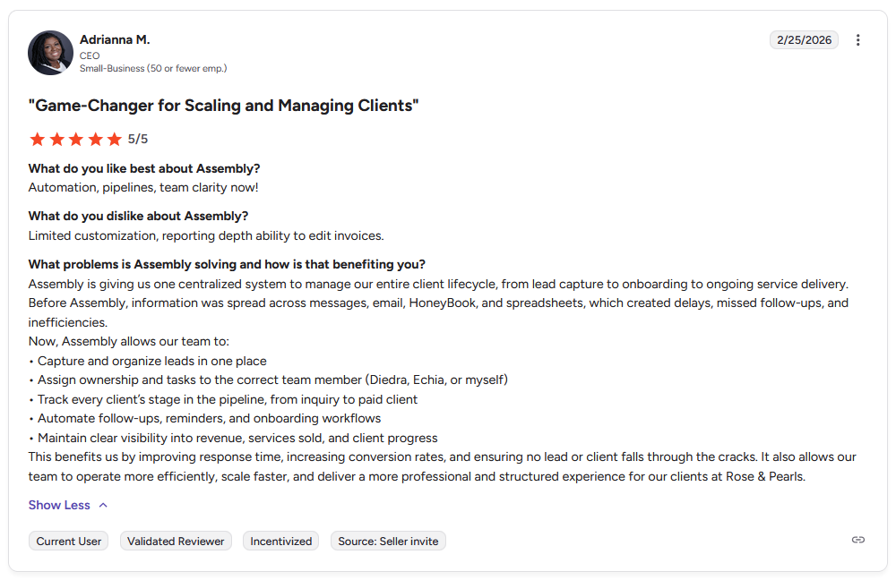 G2 review from Adrianna M., CEO of small business, giving Assembly 5 out of 5 stars for solving client lifecycle management