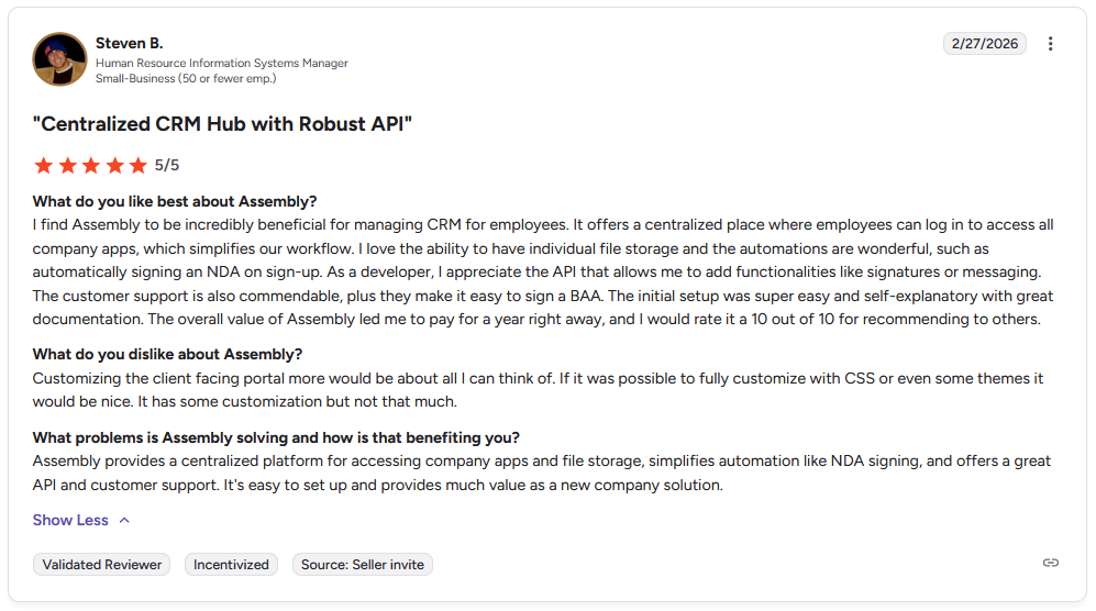 G2 review from Steven B., HR Information Systems Manager, noting limited client portal customization options