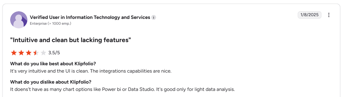 Verified user G2 review of Klipfolio noting limited chart options compared to Power BI and Looker Studio