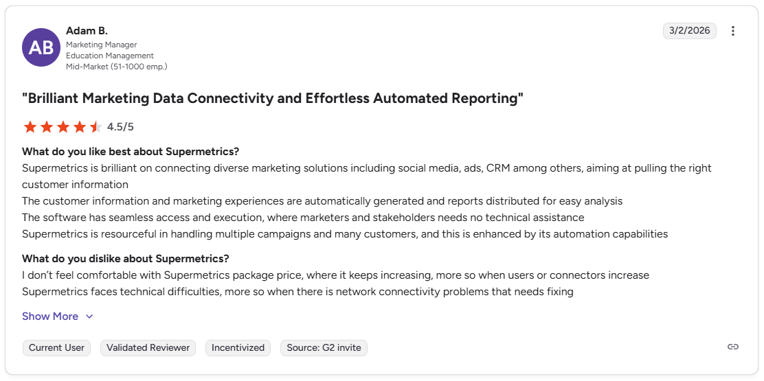 Adam B. G2 review of Supermetrics praising marketing data connectivity and automated reporting