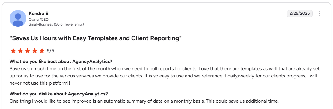 Kendra S. G2 review of AgencyAnalytics praising time savings and templates for client reporting