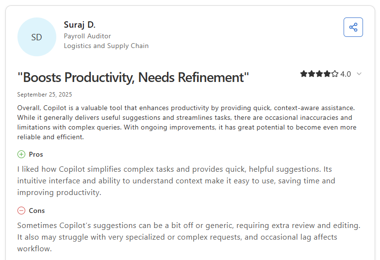Suraj D. Capterra review of Assembly noting occasional inaccuracies with complex queries