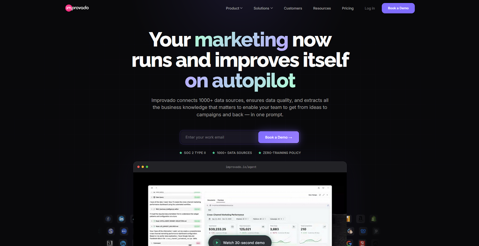 Improvado homepage showing enterprise marketing data platform with 1000+ data source connectors and AI agent interface
