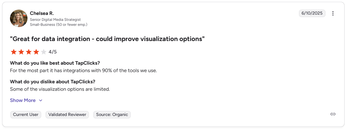 Chelsea R. G2 review of TapClicks noting limited visualization options