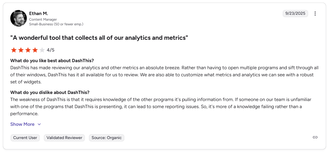 Ethan M. G2 review of DashThis praising consolidated analytics and customizable widgets