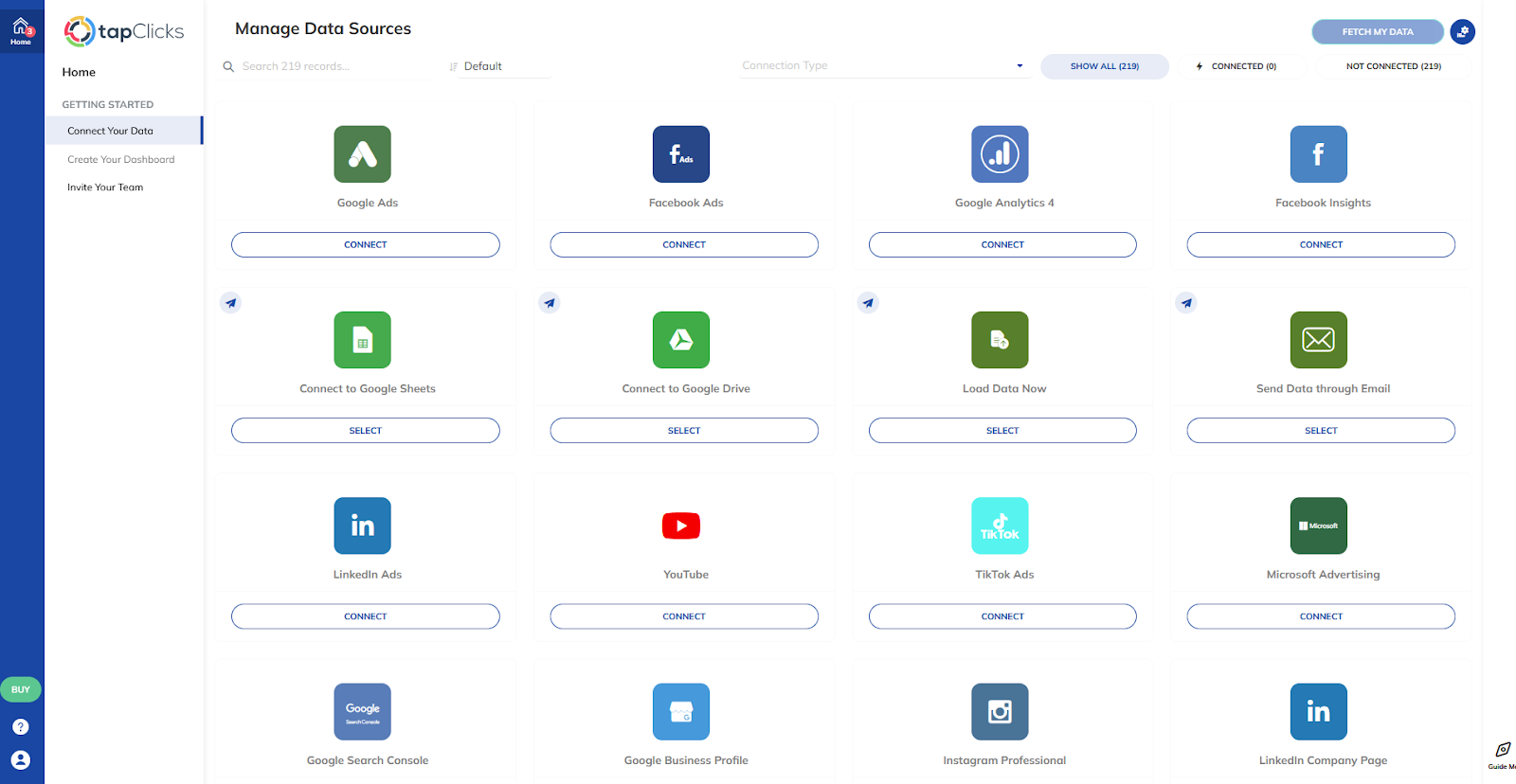 TapClicks data source management screen showing 250+ marketing platform connectors including Google Ads, Facebook Ads, and LinkedIn