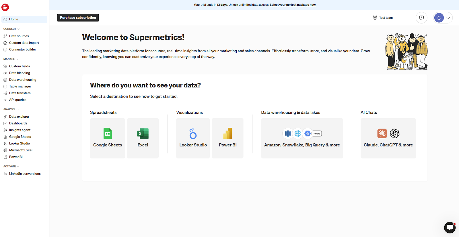 Supermetrics onboarding screen showing data destination options including Google Sheets, Excel, Looker Studio, Power BI, and data warehouses
