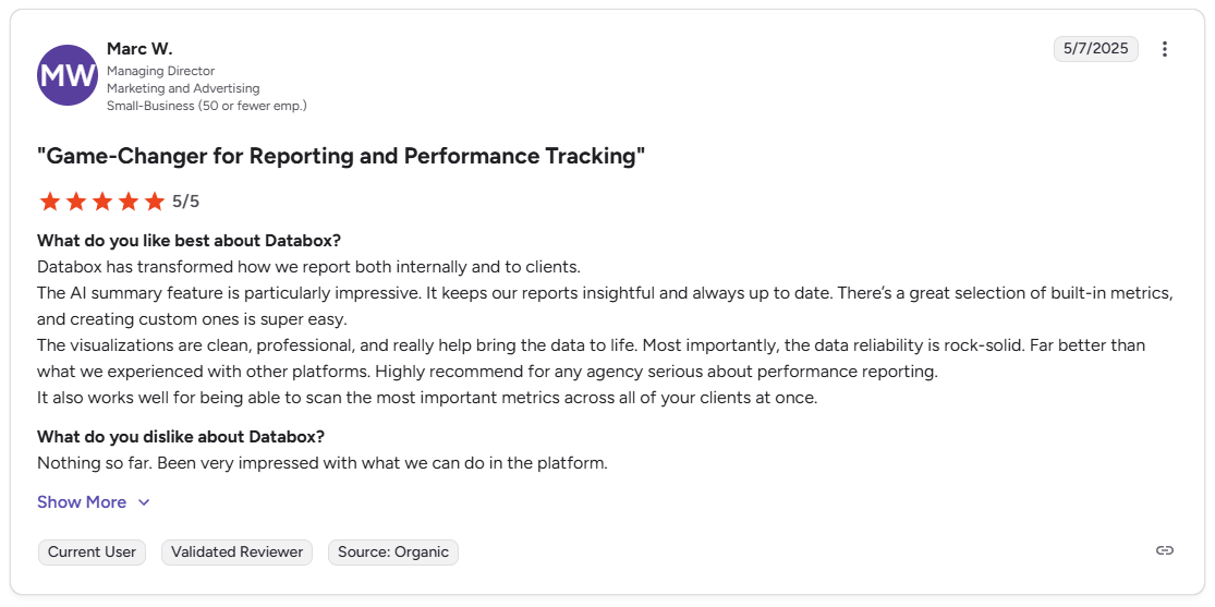 Marc W. G2 review of Databox praising real-time dashboards and data reliability for agency reporting